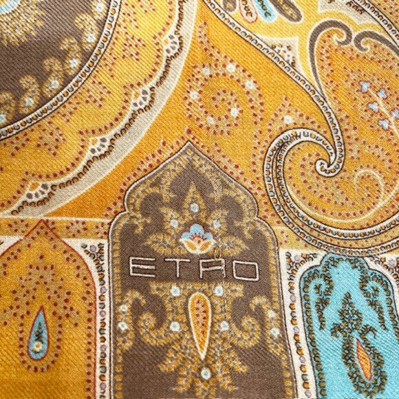 Vgt  ETRO scarf 70%Wool/39% Silk 56"x17" Rusty Gold Blue Paisley Fringed (37) - Picture 9 of 11